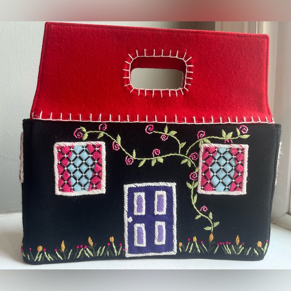 Lulu Guinness Vintage Felted Wool “Cottage” Bag with Embroidery